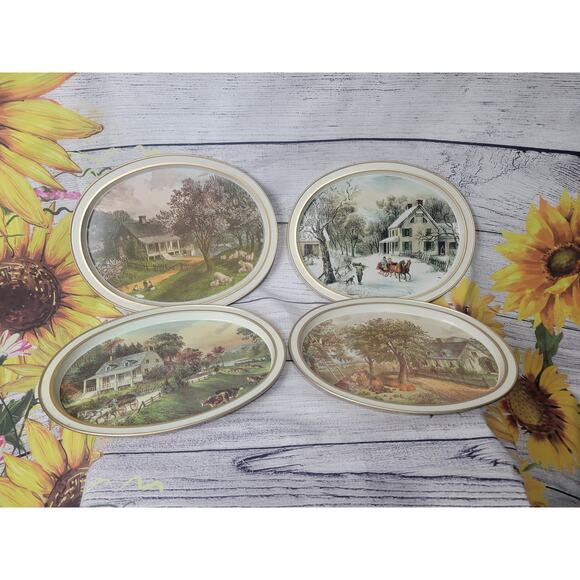 Vintage Currier and Ives Oval Metal Serving Trays 1868 - Picture 1 of 13